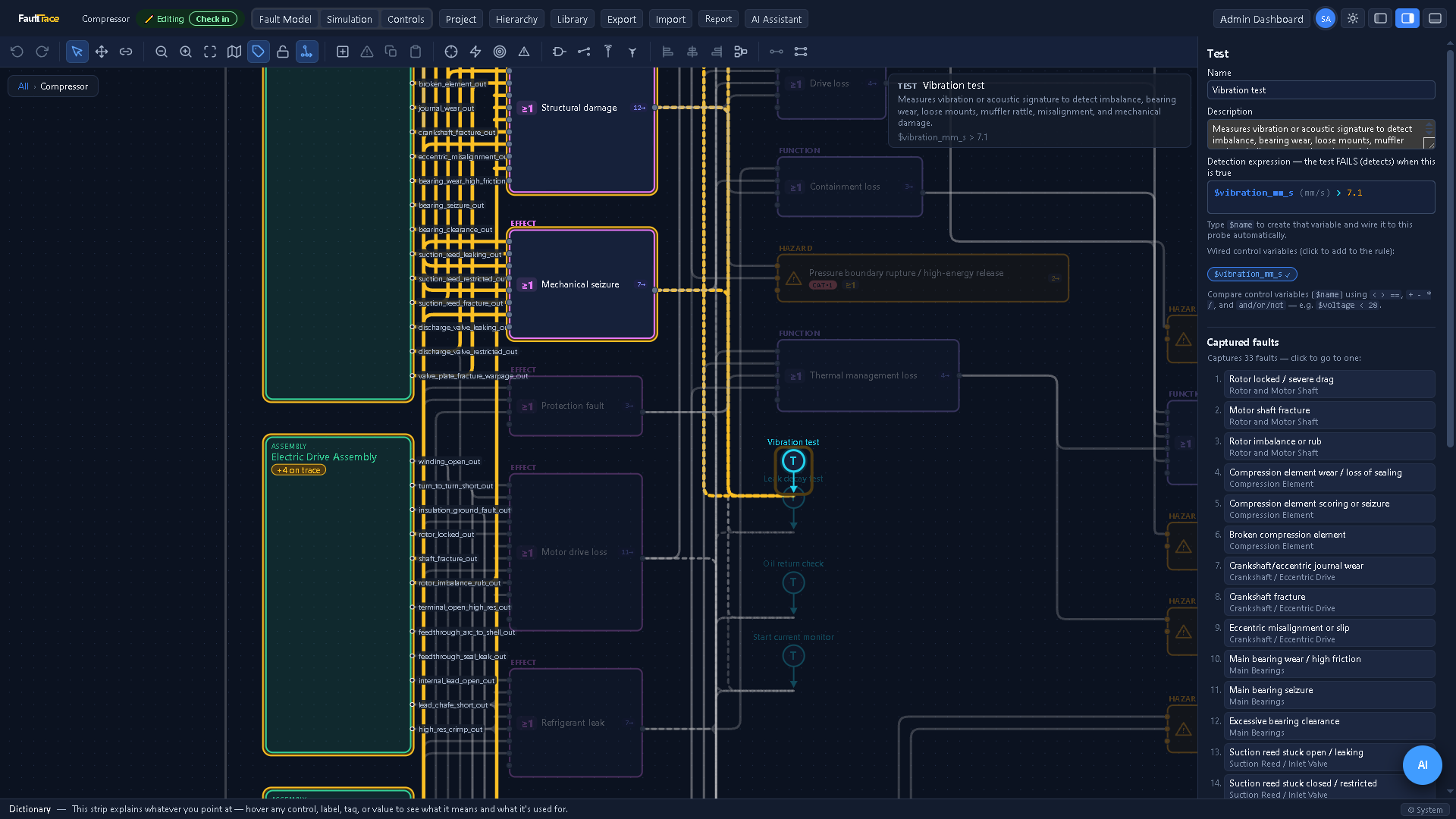The compressor fault model in the FaultTrace editor: the Vibration test selected, its detection expression shown, and the 33 faults it captures listed in the inspector