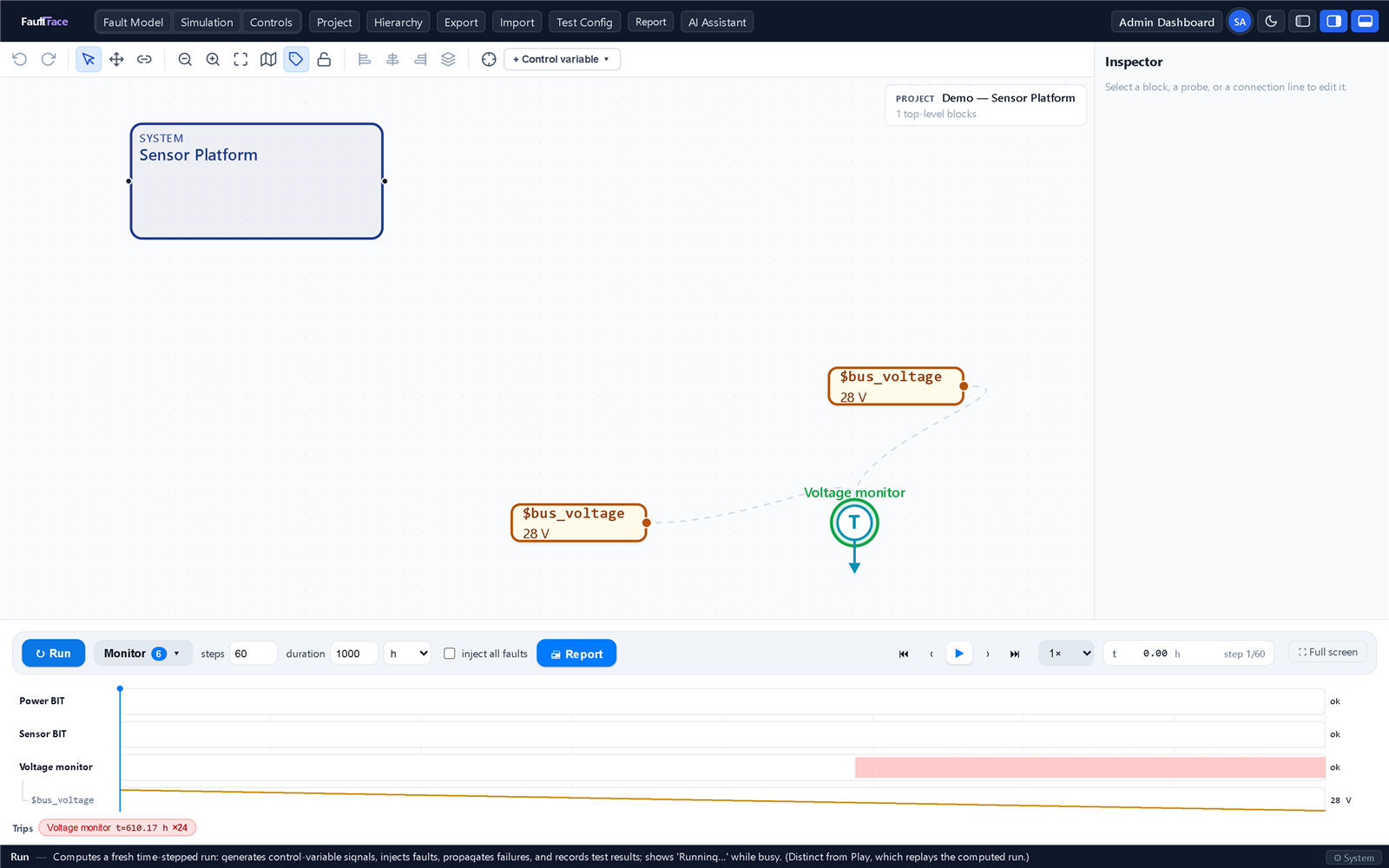 Simulation view mid-run: playback transport, monitor lanes with a red trip band, the bus voltage waveform, and a trip chip reading Voltage monitor t=610 h